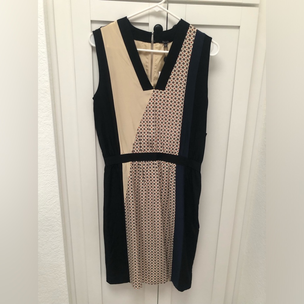 Raoul Abstract 100% Silk Printed Black Blue and Beige Sheath Dress  NWT Size 8